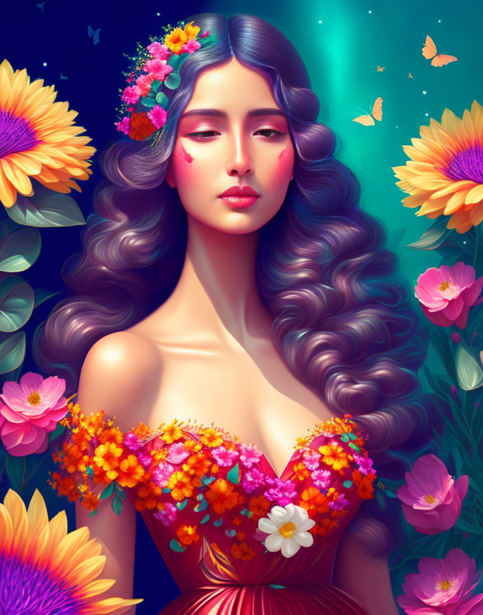 Stylized portrait of a woman with flowers and butterflies on blue background