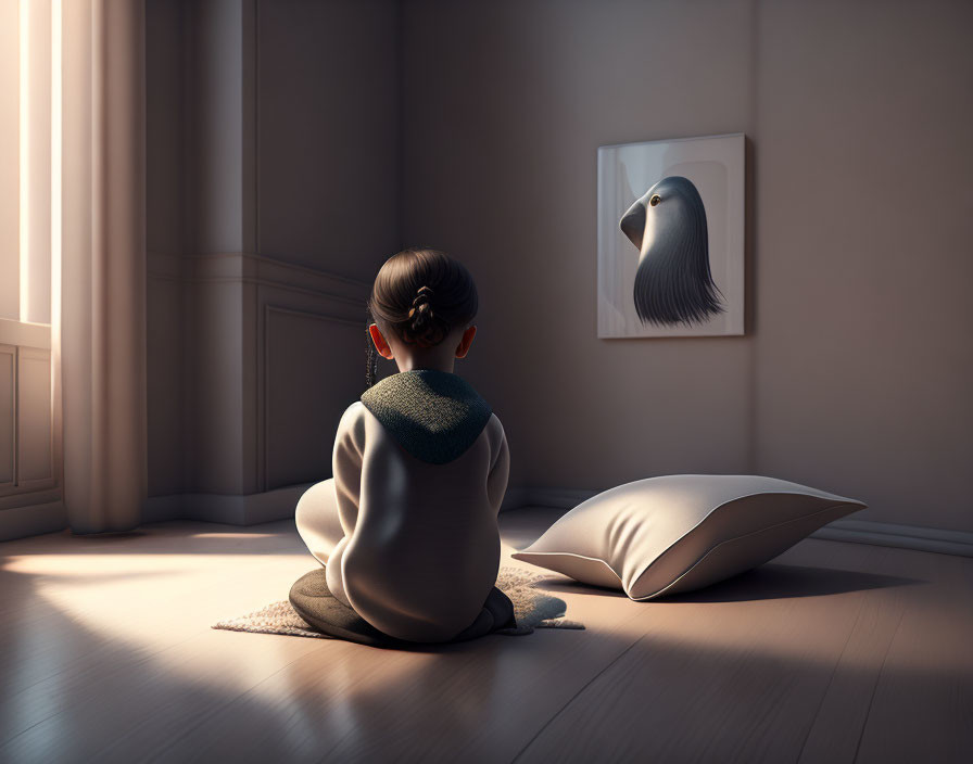 Child admires framed pigeon portrait in softly lit room