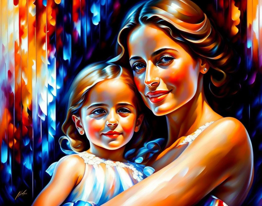 Colorful painting of smiling woman and girl in blue dresses on abstract background