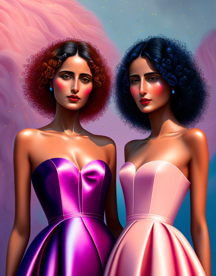 Stylized women with vibrant hair in elegant dresses on colorful backdrop