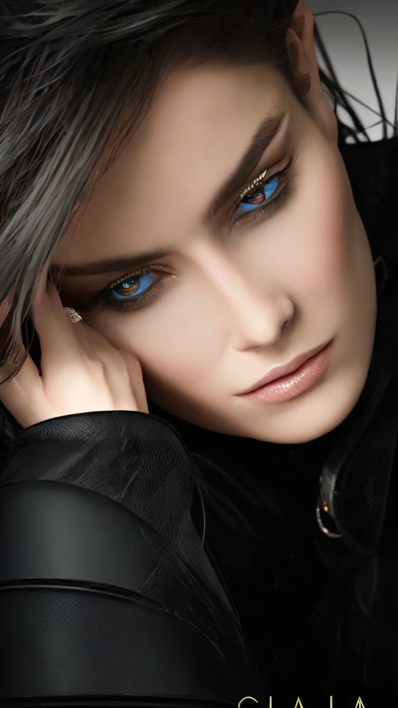 Person with Striking Blue Eyes in Black Outfit Resting Cheek on Hand