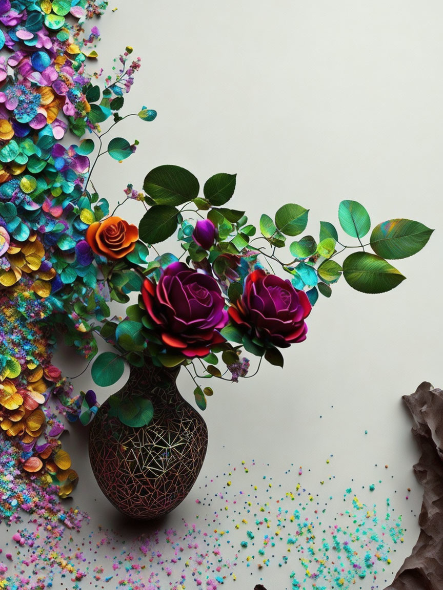 Colorful Purple and Orange Roses Bouquet in Geometric Vase on Light Background