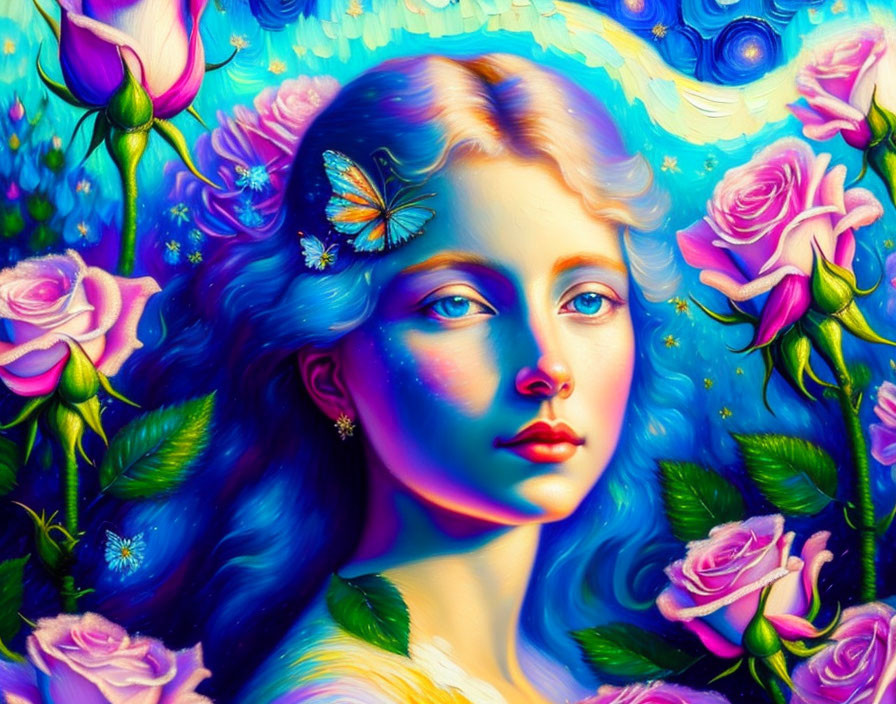 Colorful portrait of woman with blue hair, pink roses, and butterfly in cosmic setting