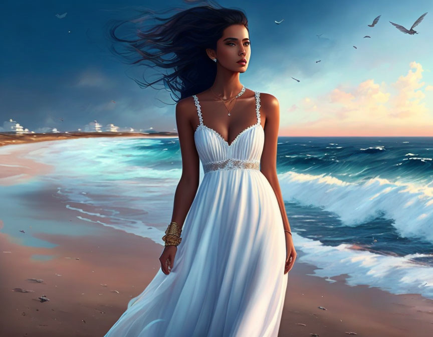 Woman in white dress on beach at sunset with flowing hair, waves, and birds