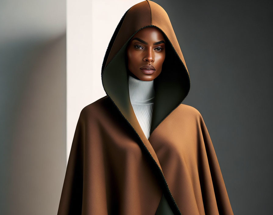 Poised figure in brown cloak with hood and white turtleneck on grey backdrop