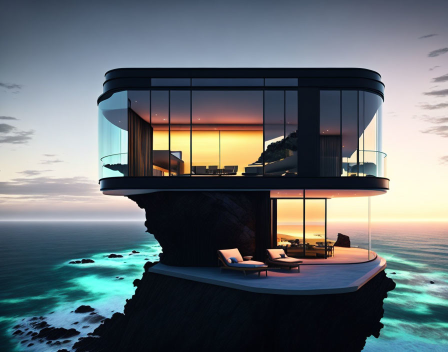 Cliffside house with floor-to-ceiling windows and ocean view at sunset