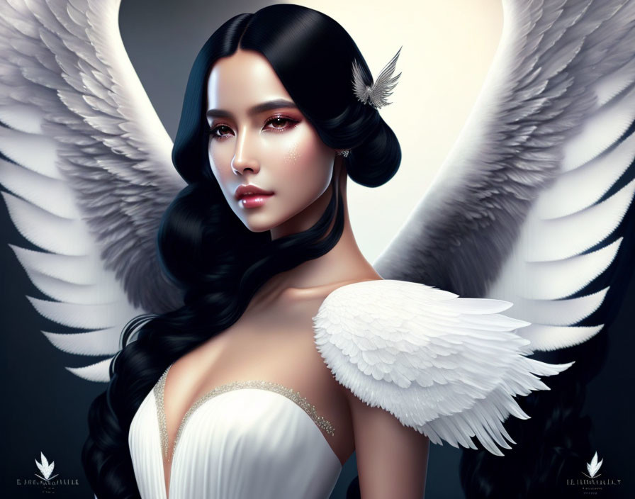 Digital artwork of woman with white angelic wings and serene expression in white dress on dark background