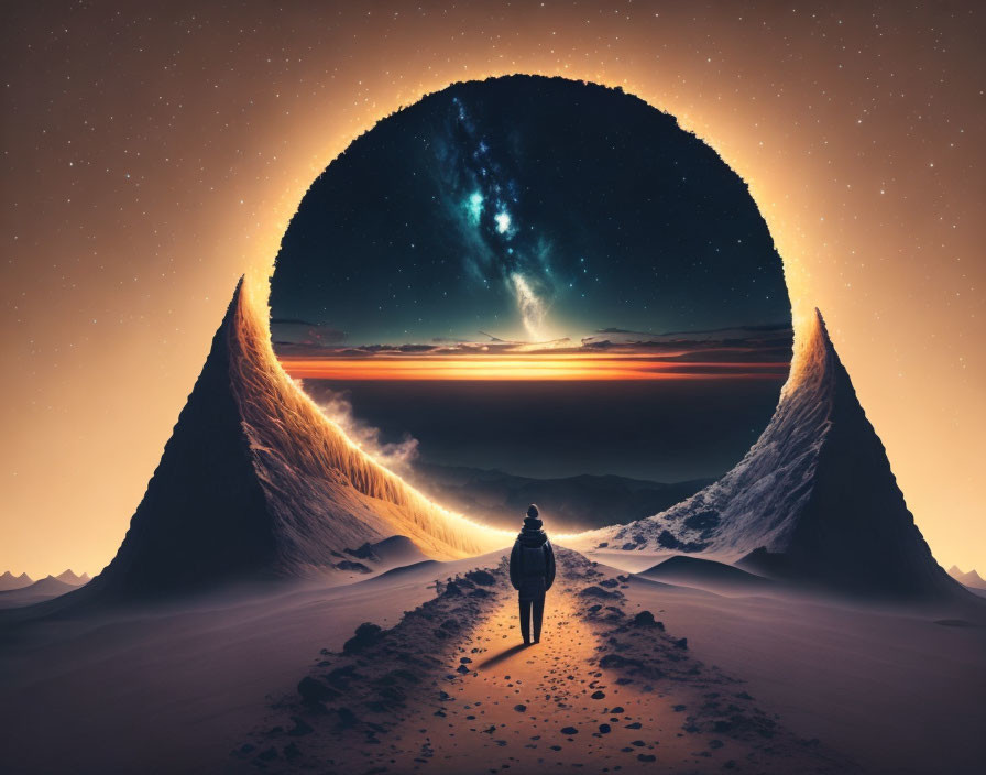 Figure between sand dunes under star-filled sky with nebula and glowing horizon