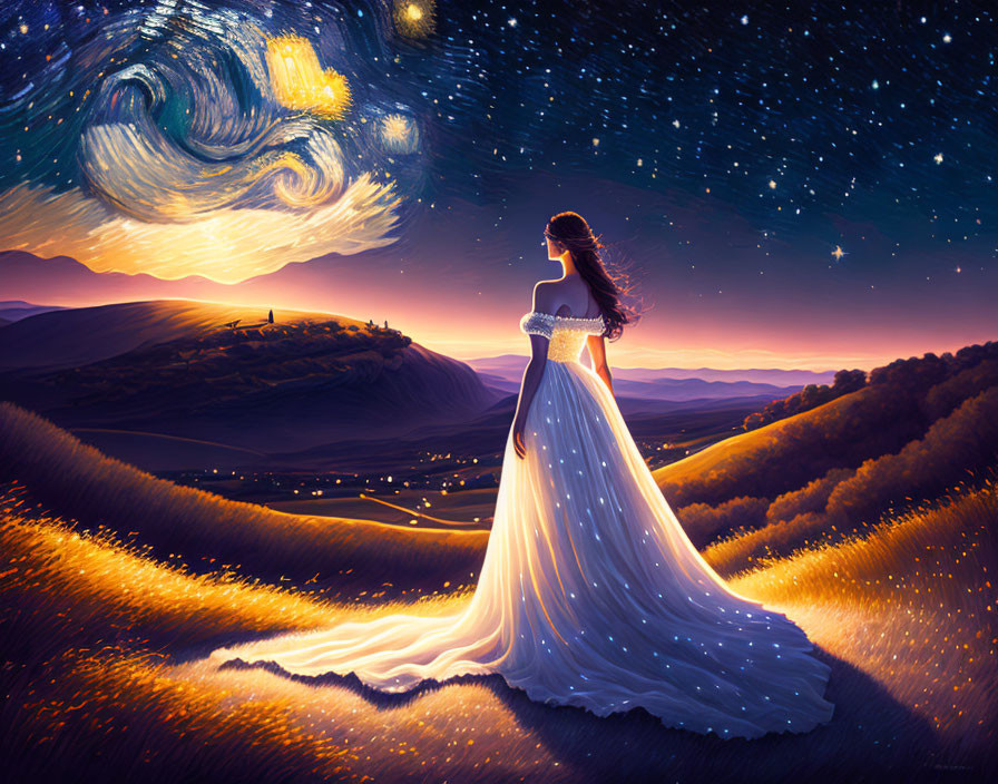 Woman in flowing dress gazes at starry night sky and nebula from hilltop village view