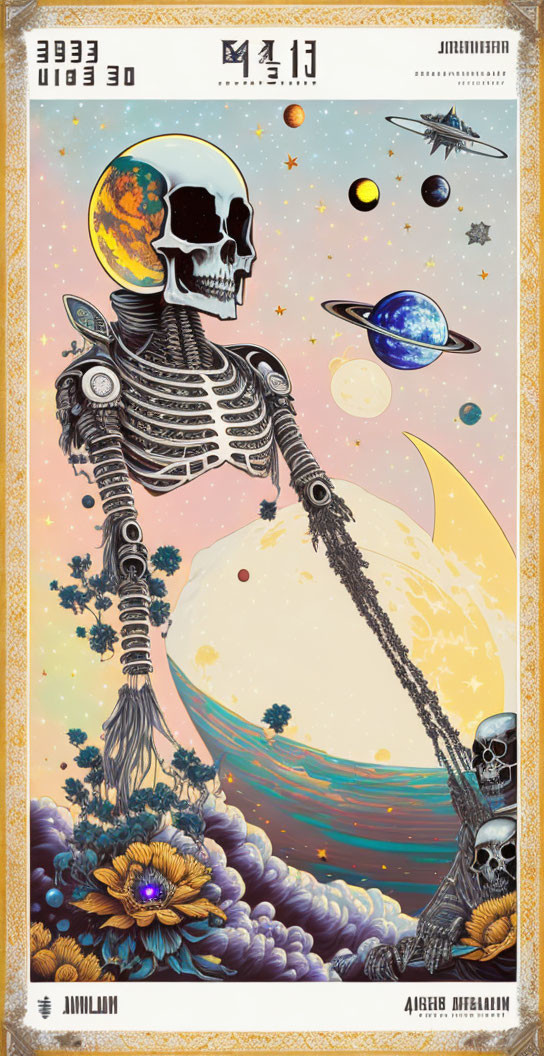 Stylized skeletal figure with scythe in cosmic setting.