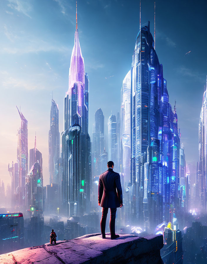 Man and robot on ledge overlooking futuristic city at dusk