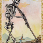 Stylized skeletal figure with scythe in cosmic setting.