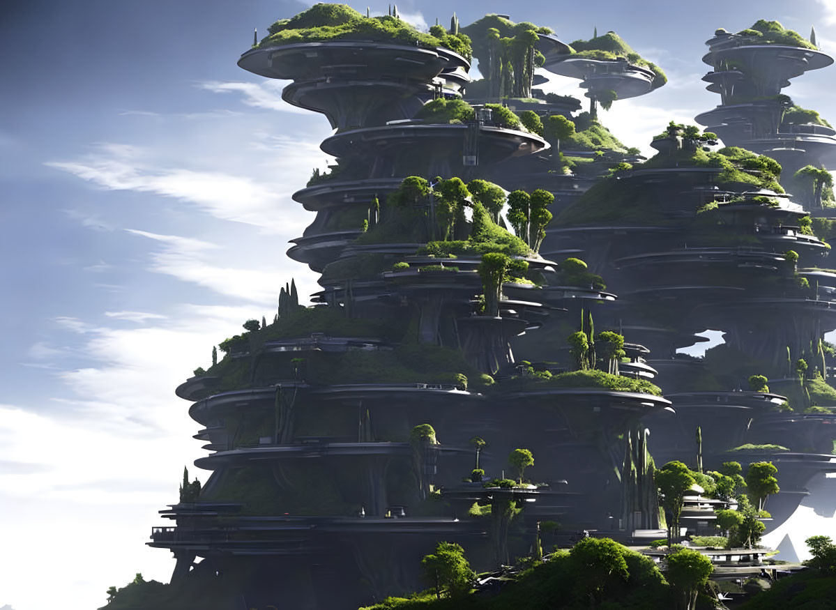 Futuristic tower with lush greenery under bright sky