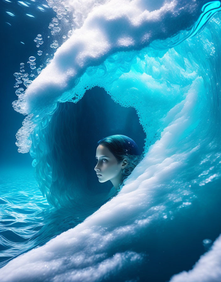 Underwater scene with person in hollow wave and light illuminating.