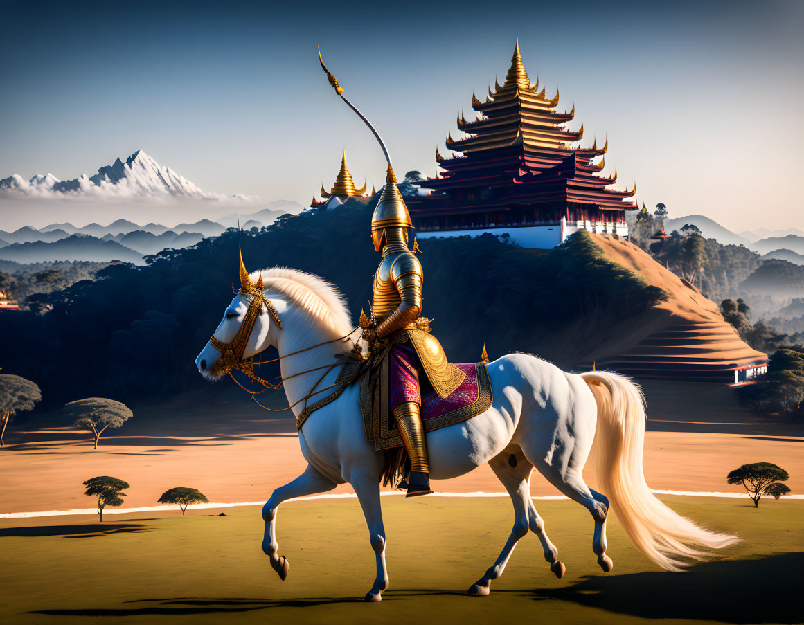 Golden-armored warrior on white horse in desert with temple and mountains.