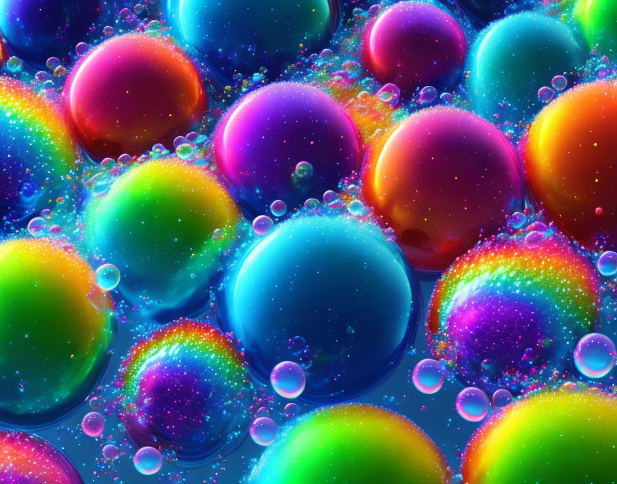 Vibrant iridescent bubbles cluster with colorful reflections.