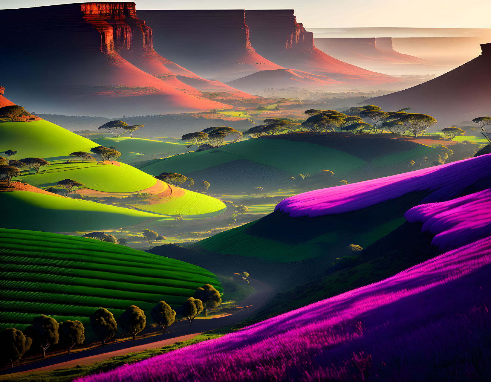 Vibrant surreal landscape with rolling hills, trees, and red rock formations