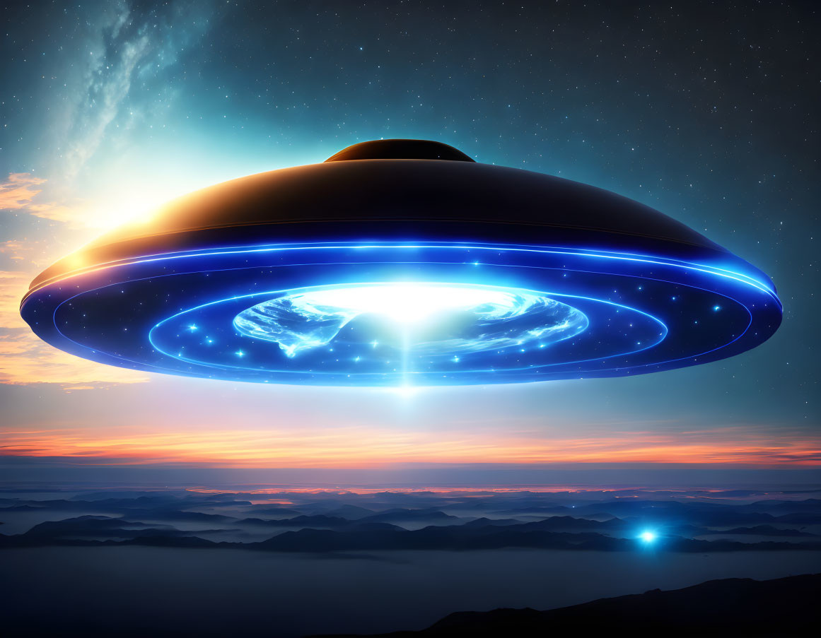 Glowing blue lights UFO over misty mountains at twilight