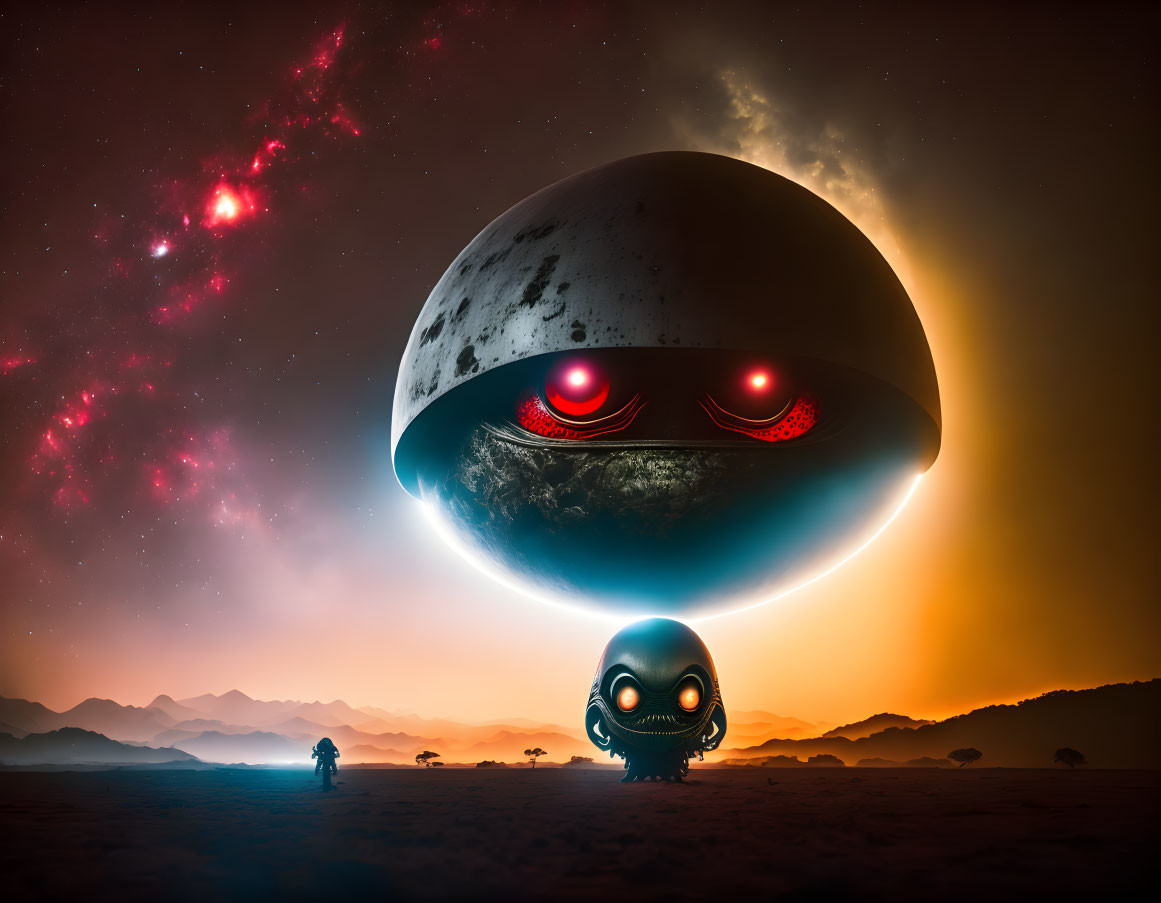 Two sci-fi spheres under starry sky with nebula: large red lights & smaller face-like pattern