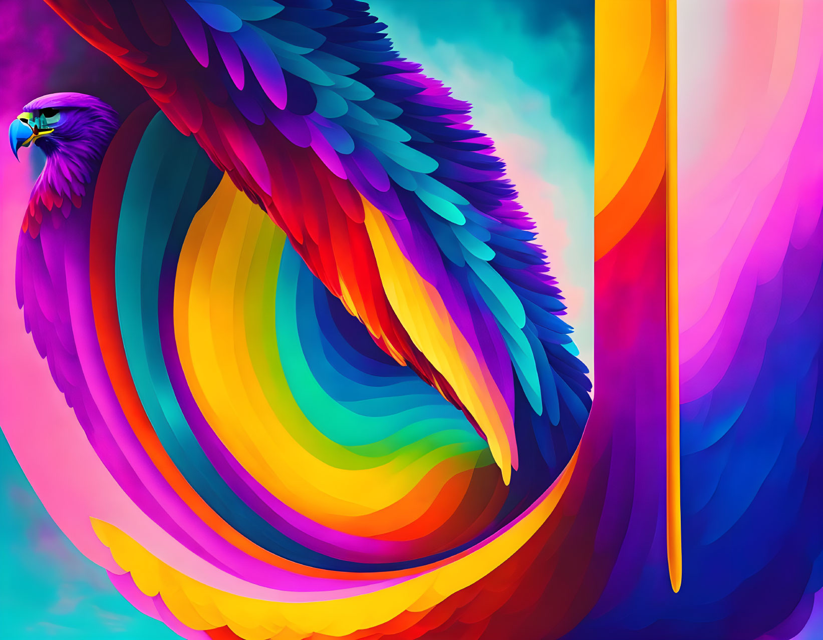 Colorful digital artwork: Eagle in flight with rainbow wings