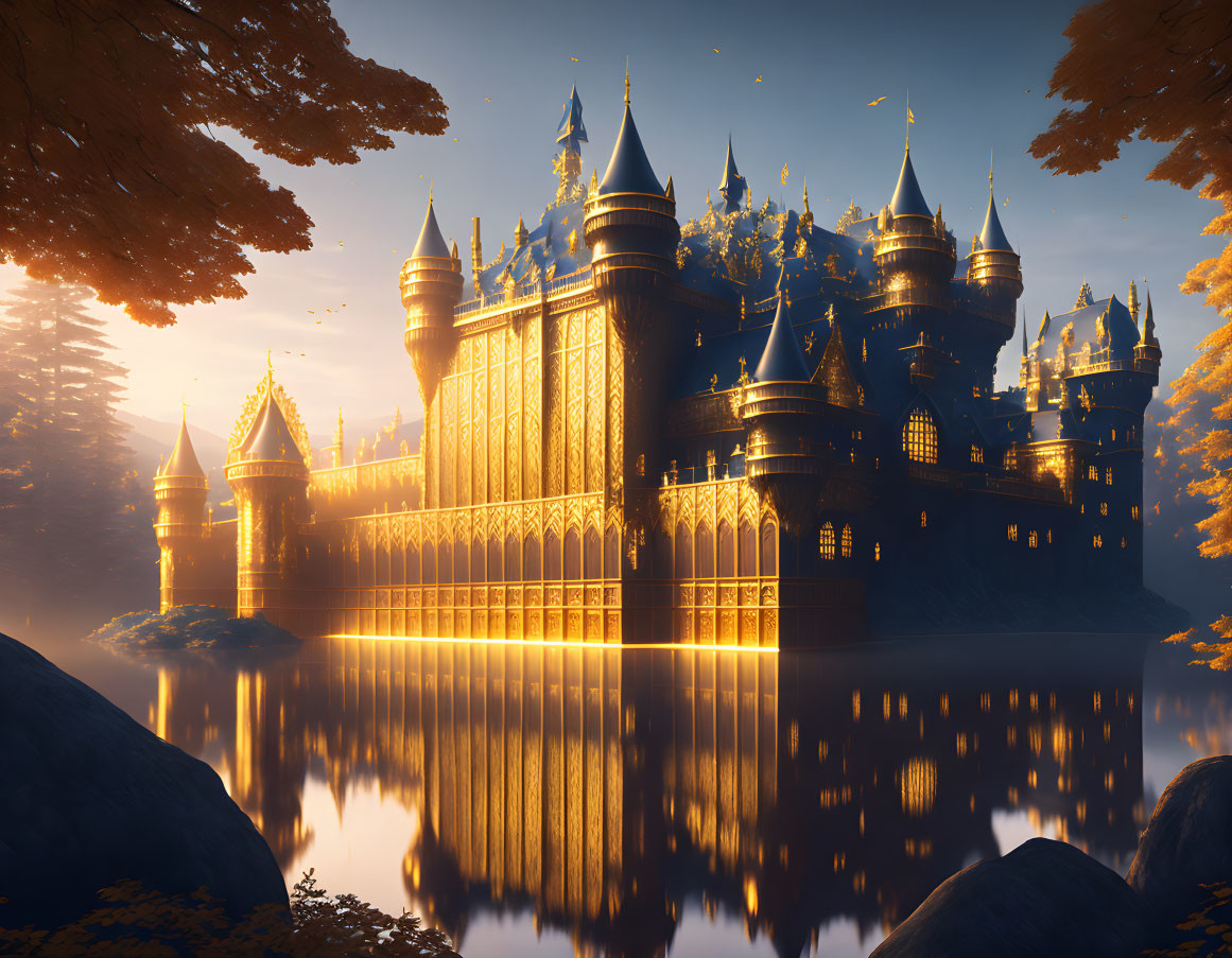 Golden castle reflected in calm lake under autumn sunset