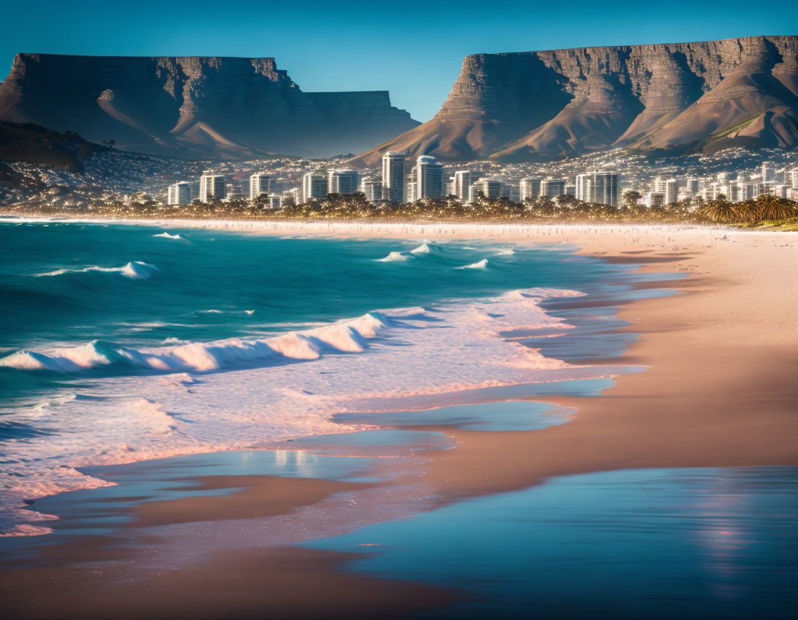 Scenic beach with high-rise buildings, mountains, and clear sky