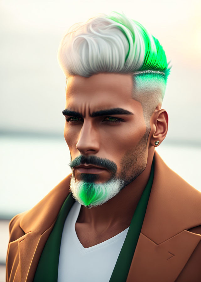 Man with Ombre Green and White Undercut Hairstyle and Brown Jacket