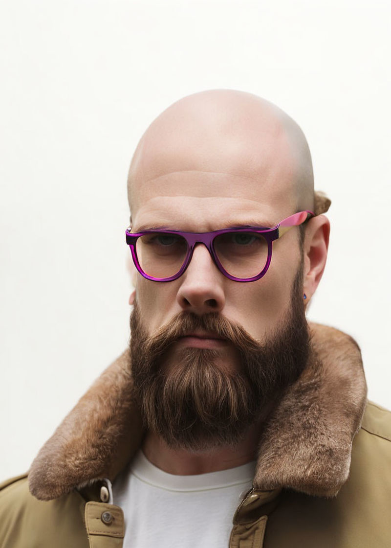 Bald man with thick beard in purple glasses and fur collar khaki jacket