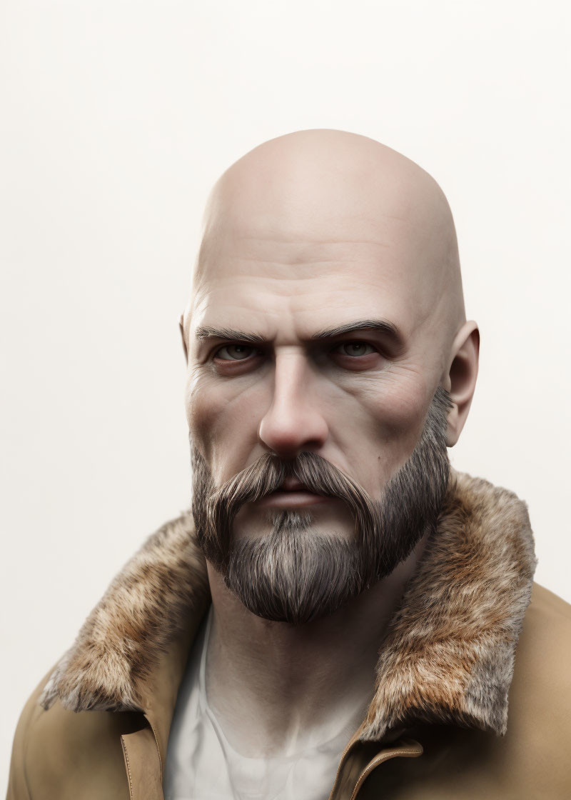 Bald man with full beard in brown coat with fur collar