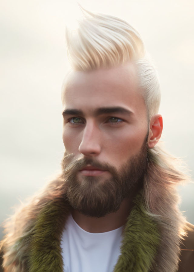 Stylish man with blond pomp hairstyle and fur-trimmed coat gazes ahead