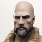 Bald man with thick beard in purple glasses and fur collar khaki jacket