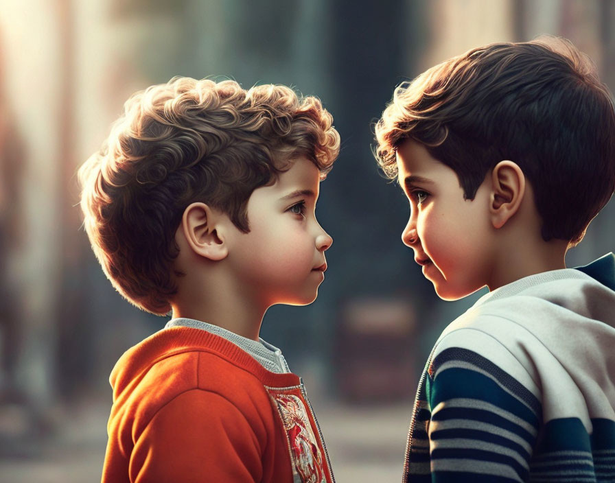 Two young boys in profile under warm golden backlight