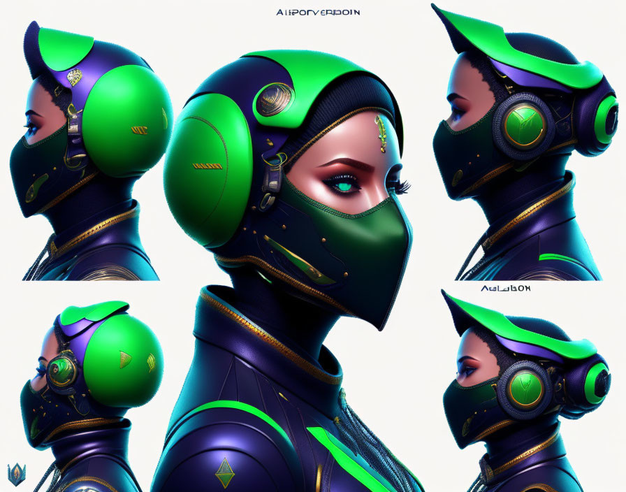 Digital artwork: Character in futuristic green and black armor with helmet and visor.