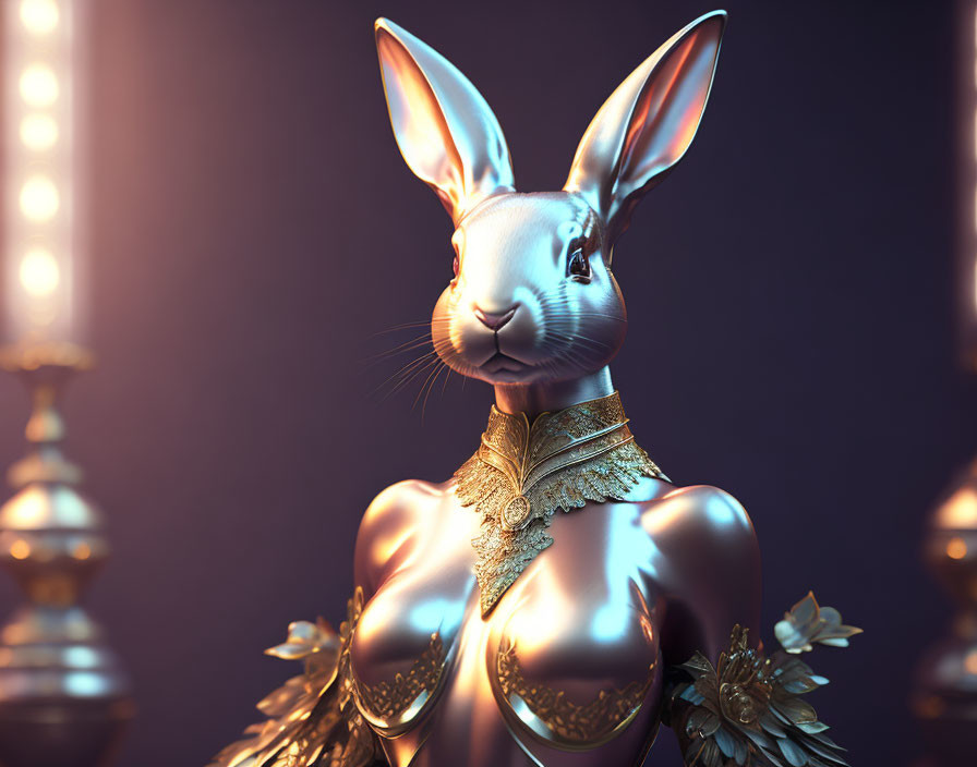 Metallic humanoid with rabbit head in 3D render, wearing gold necklaces on dark backdrop