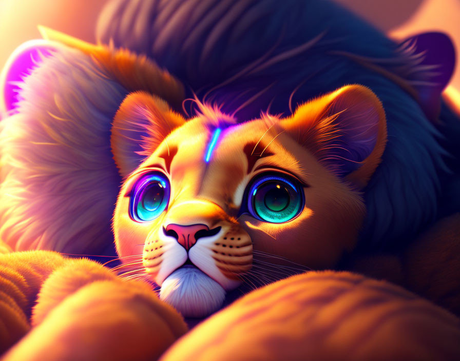 Colorful lion cub illustration with bright blue eyes on soft pillows in warm light