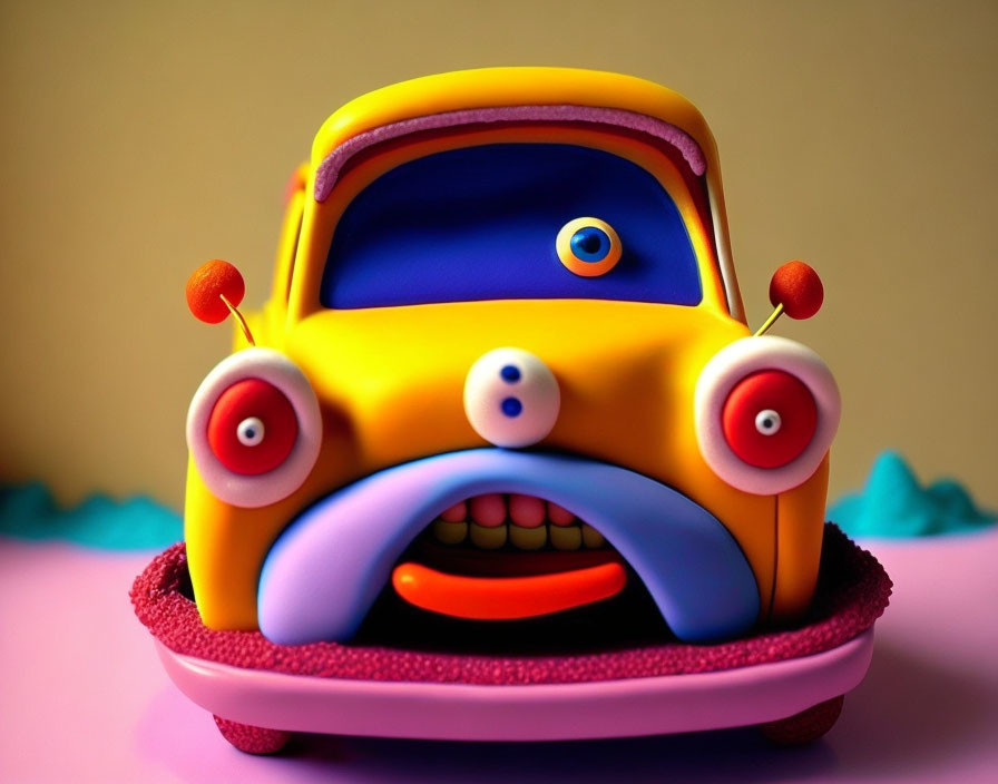 Colorful Stylized Toy Car with Cartoonish Face and Vibrant Palette