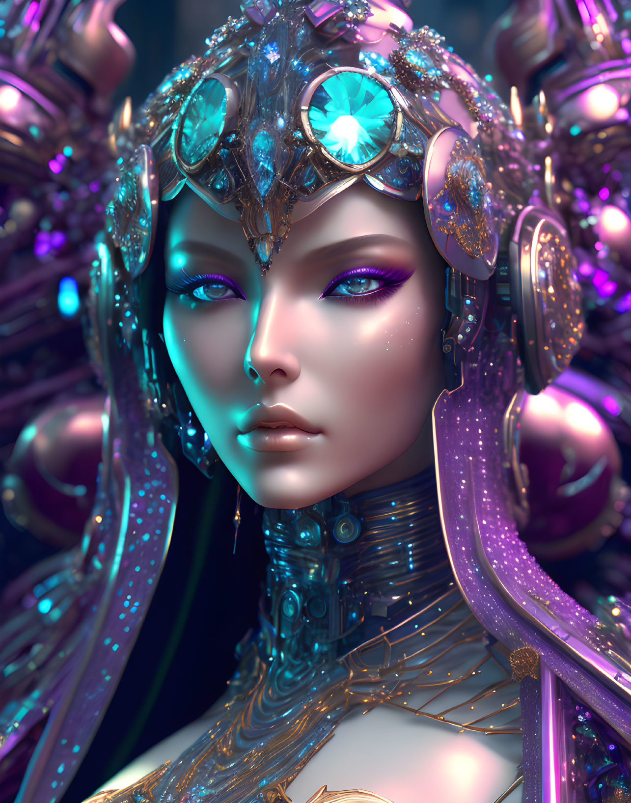 Detailed 3D rendering of female figure in futuristic armor and gems on matching background