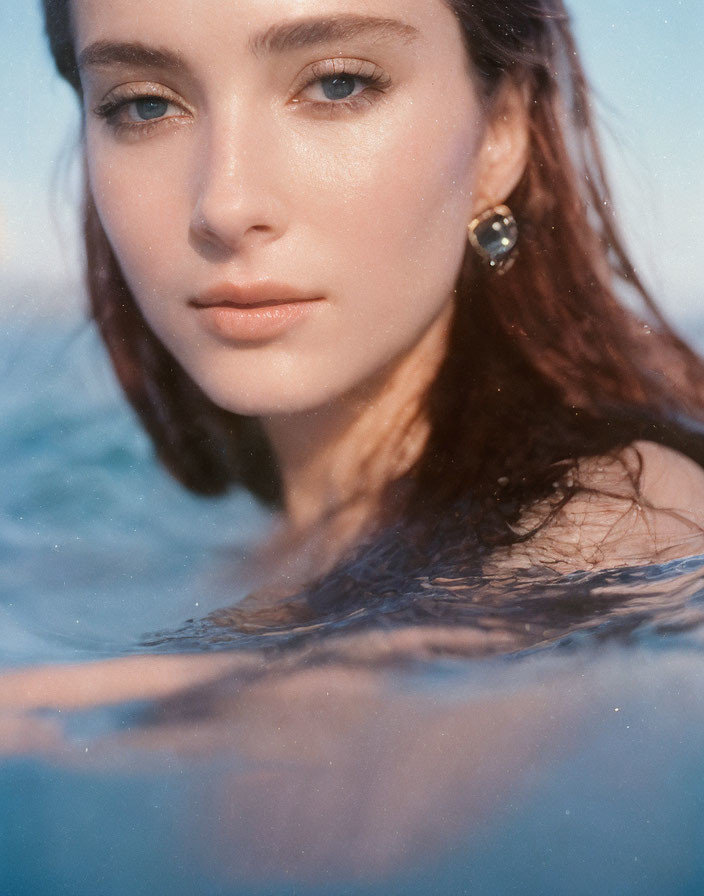 Detailed Portrait of Woman with Wet Hair and Blue Eyes in Soft Sunlight