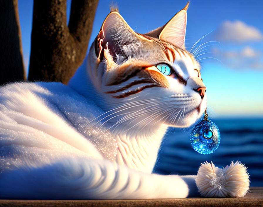 White and Brown Cat with Blue Eyes and Pendant Against Blue Sky and Ocean