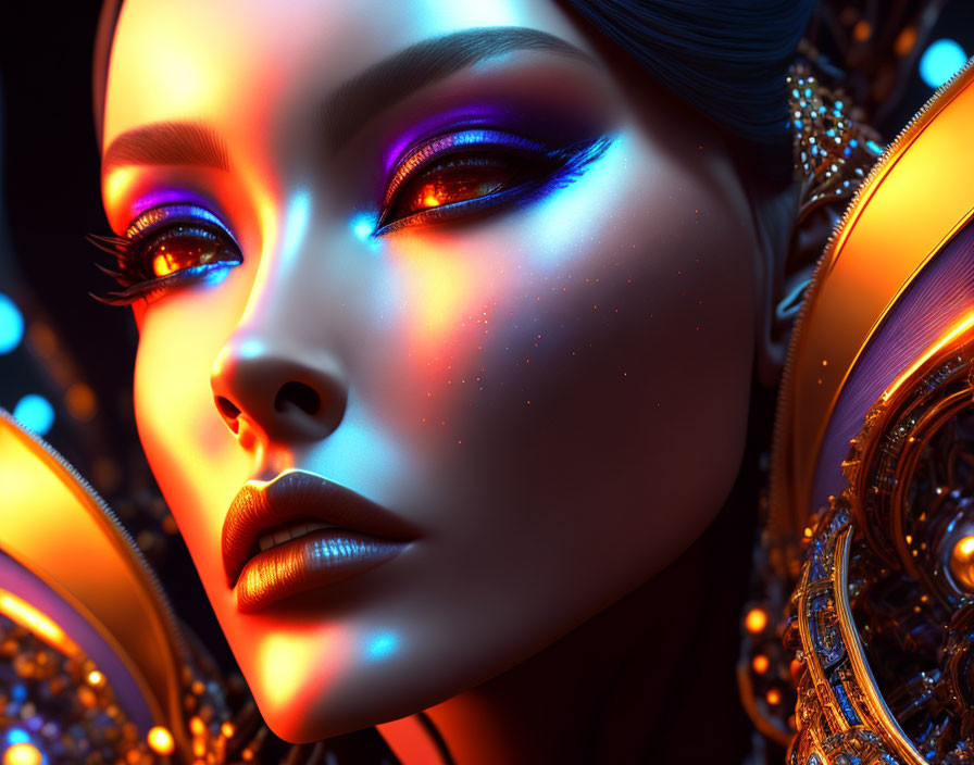 Digital artwork featuring woman with blue and purple makeup and gold headdress on dark background