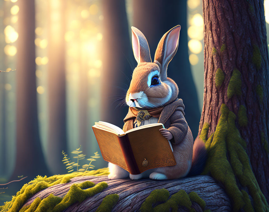 Anthropomorphic rabbit reading book in forest sunlight