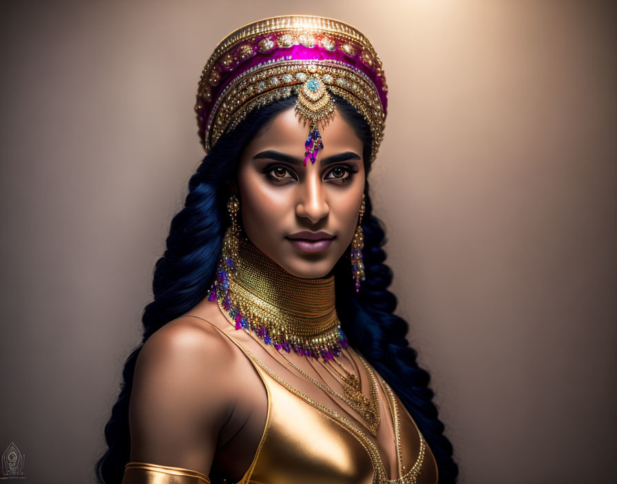 Traditional Indian jewelry adorns woman against warm background