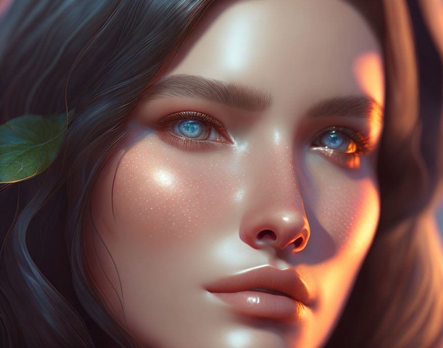 Close-up Digital Portrait of Woman with Striking Blue Eyes and Leaf Behind Ear