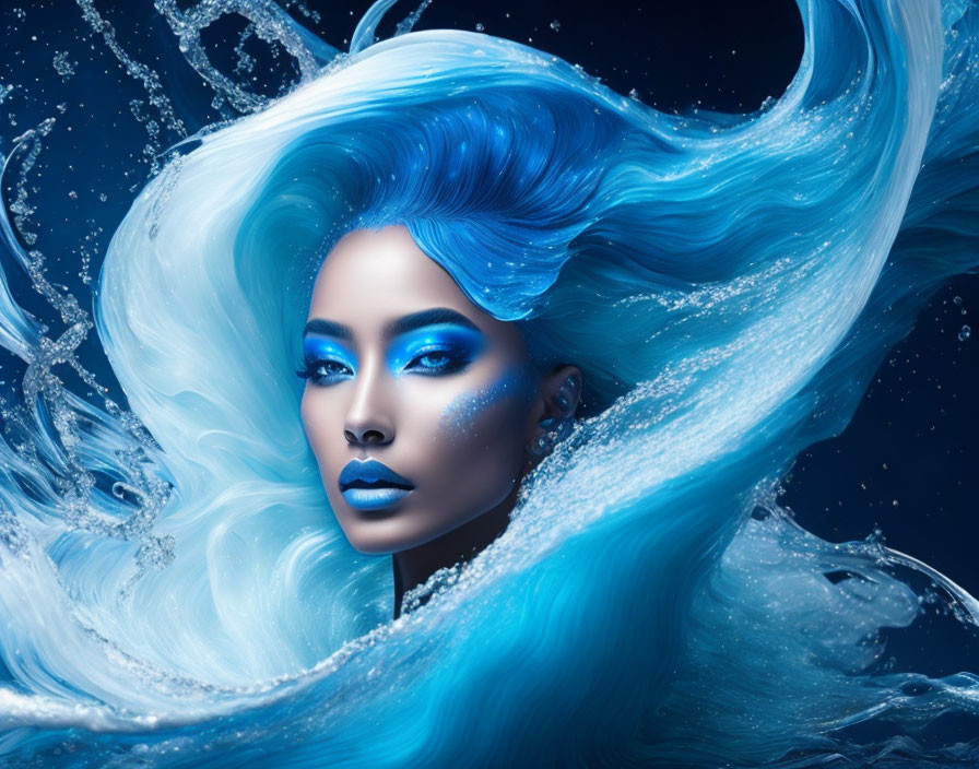 Surreal portrait of woman with flowing blue hair and vibrant makeup against dark background