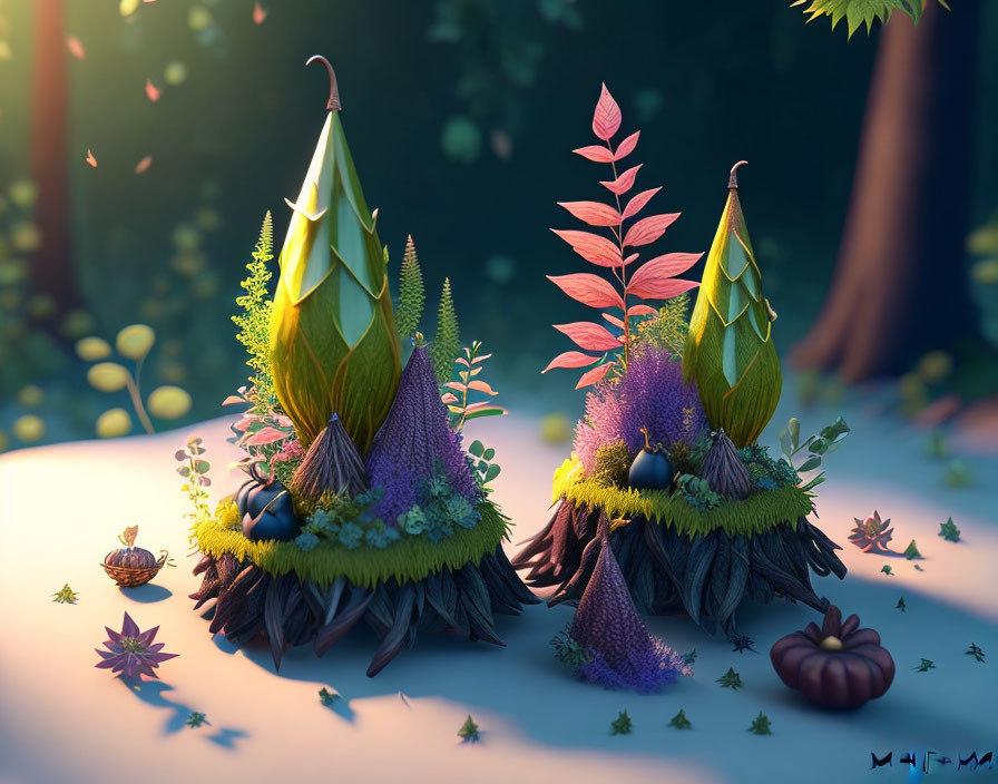 Fantasy plants with green tops and purple flowers in a vibrant forest setting