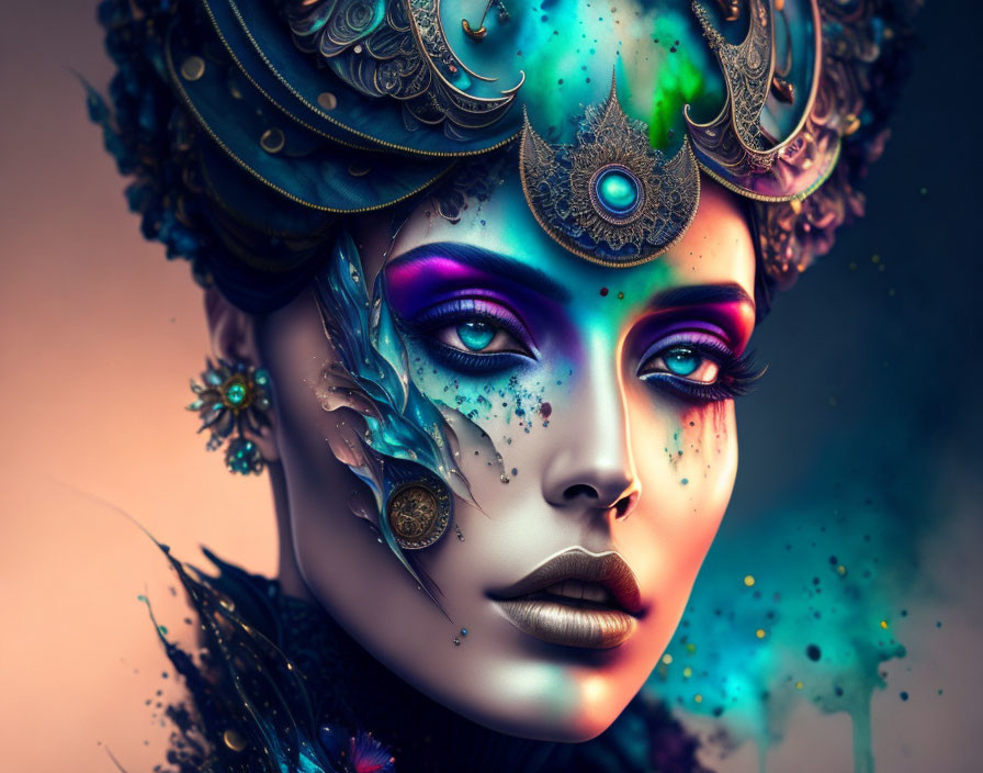 Colorful digital artwork featuring woman with gold headdress and fantasy makeup