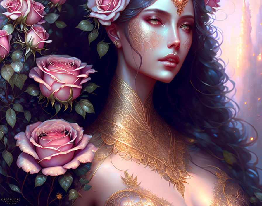 Fantasy woman with gold jewelry among roses in ethereal setting