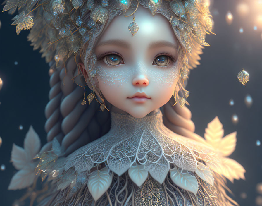 Fantasy character digital portrait with large eyes and ornate gold headpiece