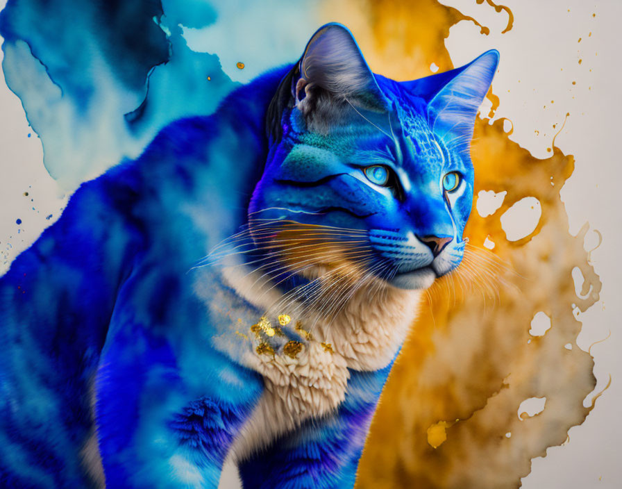 Blue-Toned Cat with Striking Patterns on Blue and Orange Liquid Splashes