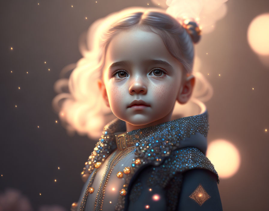 Digital artwork: Young girl with curly hair in fantasy attire, glowing magical ambiance